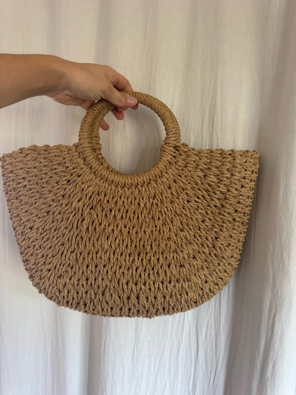 Woven Round-Handle Tote Bag in Natural Tan